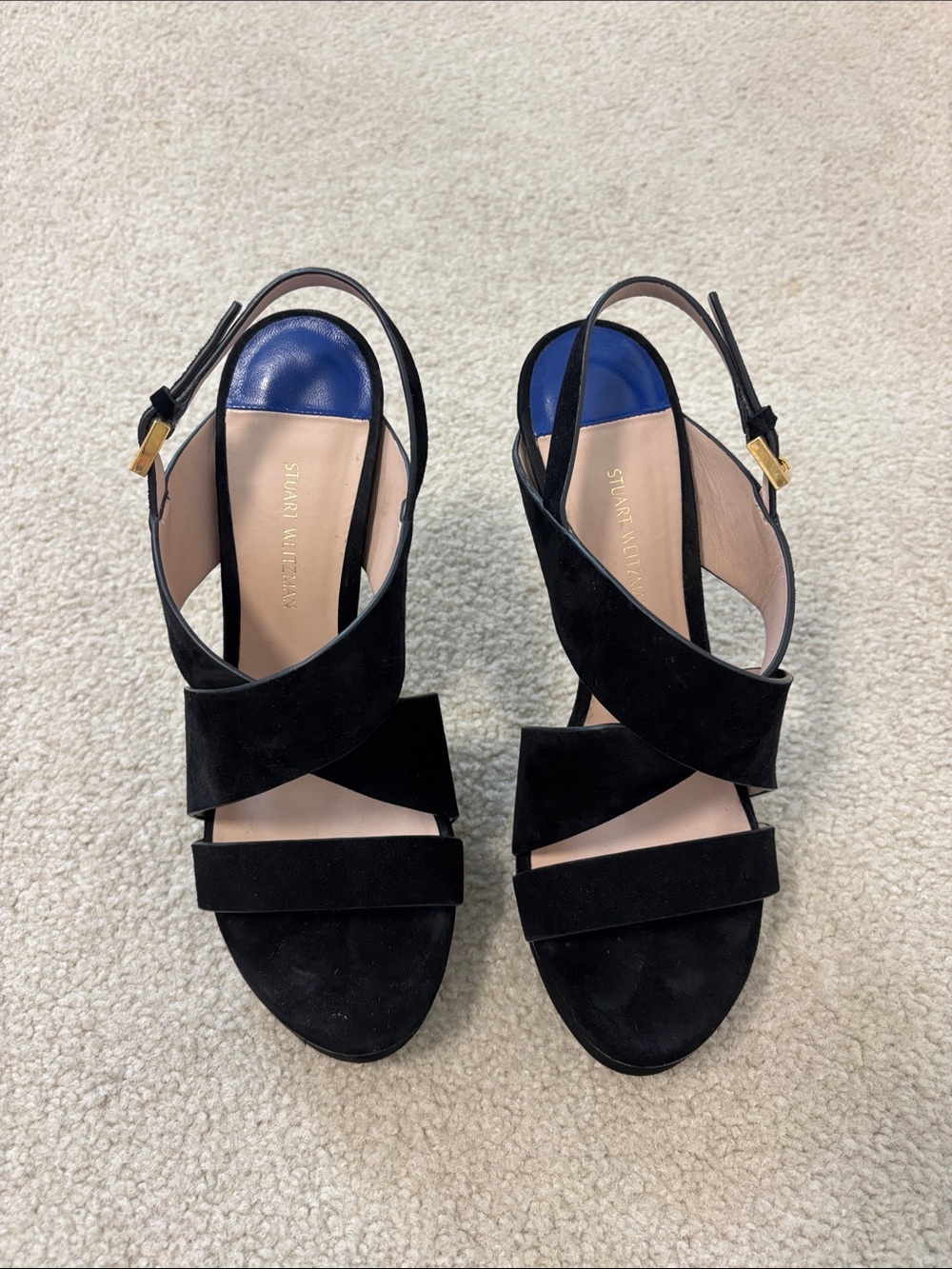 Stuart Weitzman Black Suede Crisscross Slingback Sandals with Blue Heel Pad